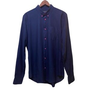 Marc by Marc Jacobs Men's Navy Blue Button Down Shirt with Pink Accents | Medium
